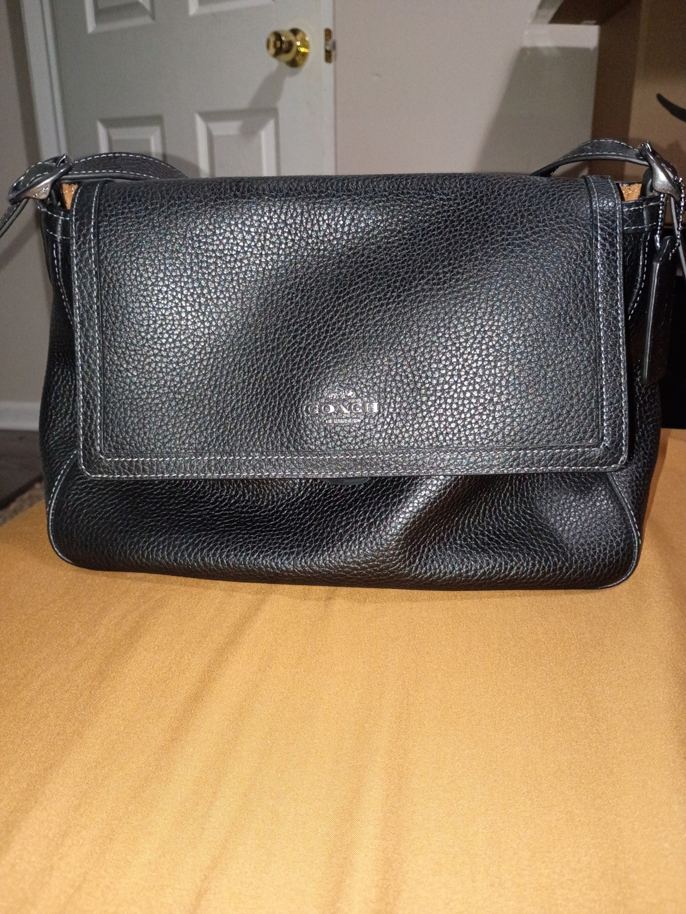 Coach Etta Flap Bag In Black Pebbled Leather